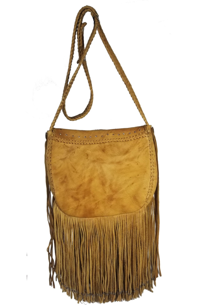 (image for) Concho Studded Leather Fringed Hand Laced Shoulder Bag